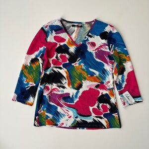 Calessa Nwt Multi Vibrant Knit V-Neck 3/4 Sleeve Printed Tunic Top Blouse